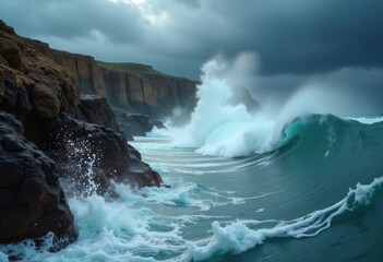 Dramatic Coastal Rock Formation Underset by Raging Waves and Distant Storm Clouds