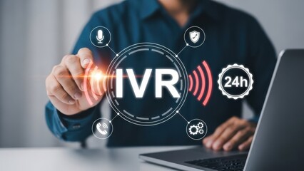 Fototapeta premium Interactive Voice Support: Professional Using Laptop with IVR Interface for Automated Customer Service