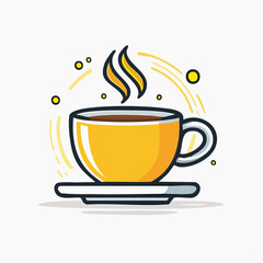 Illustration of a yellow coffee cup with steam rising from it, sitting on a white saucer.