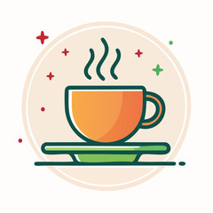 Illustration of a steaming cup of coffee or tea on a saucer, surrounded by decorative elements.