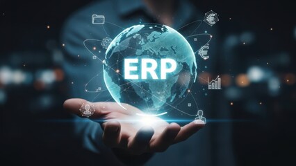 Global ERP Connectivity: Professional Holding Digital World Map with Enterprise Resource Planning for Business Integration