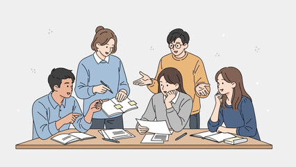 team collaboration and discussion in a modern office environment with five diverse colleagues