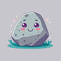 Cute cartoon rock with a happy face and hearts floating around it, sitting on grass.
