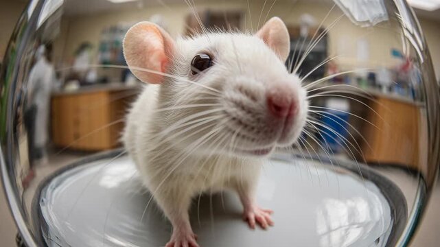 A close-up, fisheye lens shot of a white laboratory rat with large ears and whiskers, appearing curious.