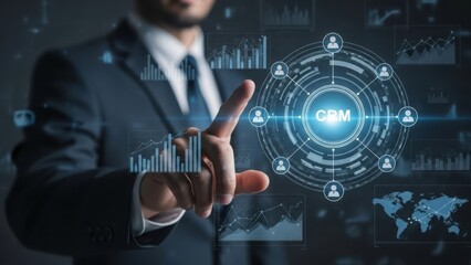 Optimized CRM Interface: Executive Managing Customer Relationship Management Data and Global Marketing Analytics
