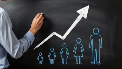 Demographic Growth Strategy: Professional Drawing Upward Arrow over Human Icons for Population Analysis