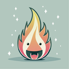 Cartoon fire character with a happy face and sparkling background, vector illustration.