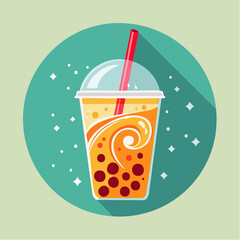 Illustration of a bubble tea drink with tapioca pearls and a red straw.