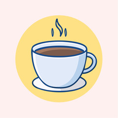 Illustration of a steaming cup of coffee on a saucer against a yellow circle.