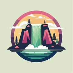 Stylized vector illustration of a waterfall cascading down a rocky cliff into a pool of water, set against a colorful sky.