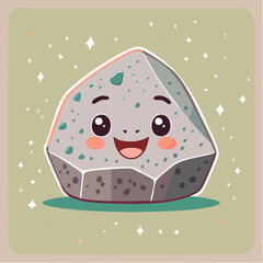 Cute cartoon rock with a happy face and sparkling background.