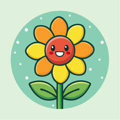Cartoon illustration of a smiling sunflower with orange and yellow petals, green stem and leaves, set against a light green background.