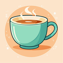 Illustration of a steaming cup of tea or coffee on a peach background.