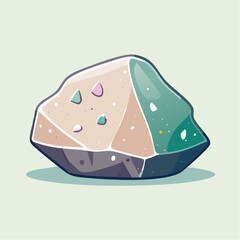 Illustration of a rock with different colored sections and small colored spots on a light green background.