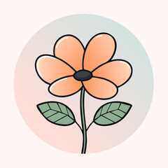Illustration of a peach-colored flower with green leaves on a stem, set against a pastel background.