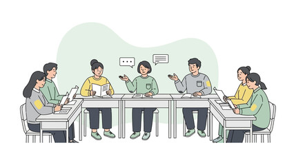 illustration of a diverse group of people in a meeting discussing ideas and collaborating at a