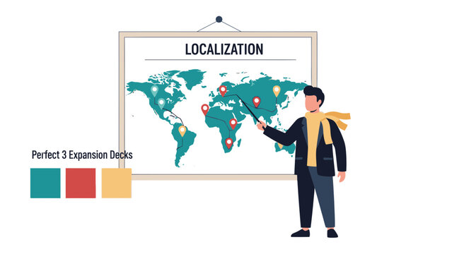 illustration of a person presenting a world map and localization points with a discussion about - Powered by Adobe
