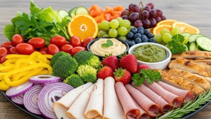 Colorful charcuterie board with fresh vegetables, fruits, meats, hummus, and pesto