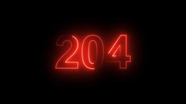 Abstract glowing Neon 204 number educational mathematics text icon animation on black background. a dynamic motion and glowing neon number countdown icon animation. 