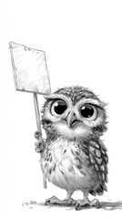Obraz premium Wise Owl with a Message: An adorable owl stands with a blank sign, its large eyes conveying a sense of curiosity and wisdom, inviting viewers to ponder the possibilities. 