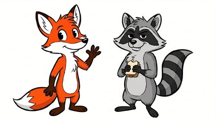 Obraz premium Floating 2D fox plays violin while hedgehog juggles stars around crescent moon in dreamy pastel night sky. 
