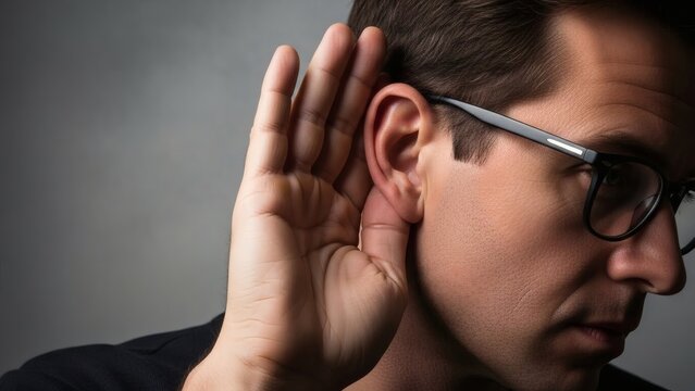 Listen Closely Man eavesdrops with holding hand to ear for secrets Mystery.