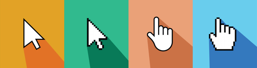 Mouse cursor and hand pointer icons with long shadow, Colorful UI element set, Flat design clicker symbols, Vector and pixel web navigation graphics, Pointer collection