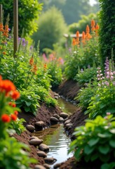 Vibrant Permacultural Garden Companion Planting Eco-Friendly Biome Lush Greenery Flourishing Aesthetic