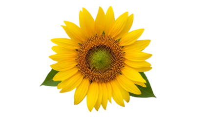Sunflower isolated on transparent background with bright yellow petals and green center
