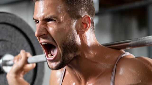 A man grunts and strains as he lifts a heavy barbell during a grueling workout at the gym.