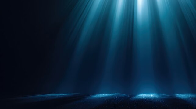 Mystical Underwater Rays: A mesmerizing image of luminous sun rays piercing through the dark, mysterious depths of the ocean. Revealing an ethereal underwater scene