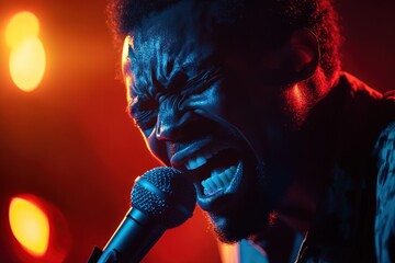 A man passionately singing into a microphone, with a vibrant stage backdrop of red and orange lights.