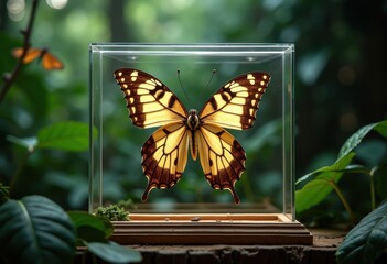 Intricate Butterfly Specimens Display Case Locked Tight In Elegant Monarch Forest Habitat