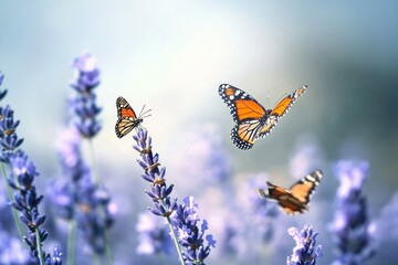 A vibrant scene of a monarch butterfly in flight among a field of purple flowers, with a serene backdrop of a calm lake and distant mountains.