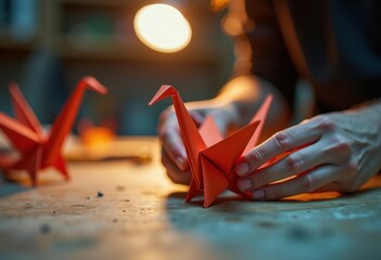 Intricate Origami Artistry: Expert Folds of Paper Crane in Motion