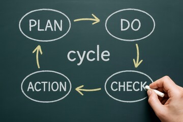 PDCAサイクルを黒板に描き計画実行確認改善の流れを分かりやすく示した業務改善イメージ