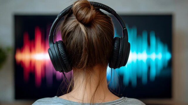 A person wearing headphones and facing a screen displaying a colorful sound wave equalizer.