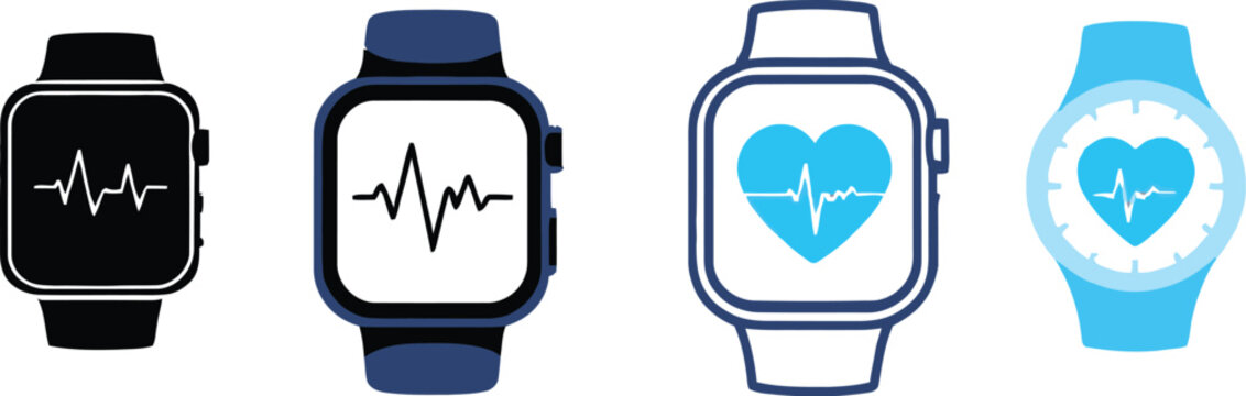 Smartwatch icon set with heart rate and ECG symbols in black, white, and blue for wearable health tech