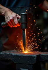 Metal Forging Process Dynamic Images of Blacksmithing Knife Blade Creation Anvil Spark Fire Steel