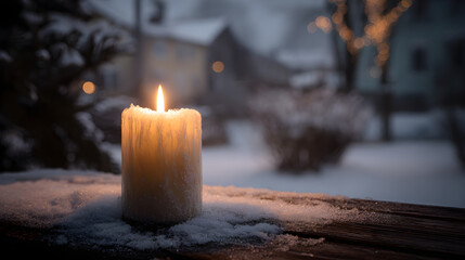 A warm glowing candle flame burns in the dark night snow as a romantic Christmas holiday decoration and religious celebration light against the black darkness
