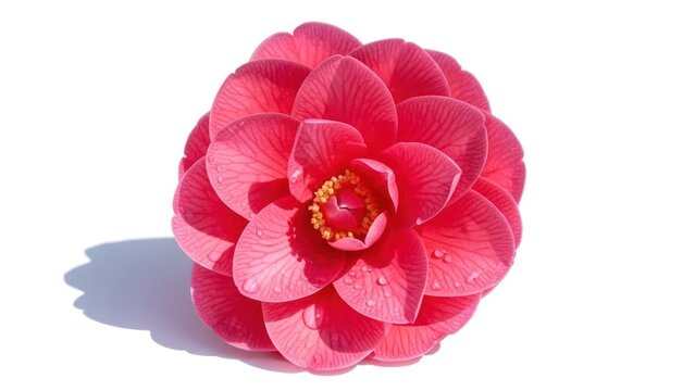 Bloom of bright pink flower with dew drops, isolated on white background
