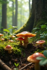 Mushroom Foraging Adventure Identifying Edible Varieties in Verdant Forest Path Located near Ancient Trees