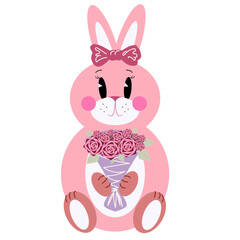 Obraz premium Cute pink bunny with a bouquet of flowers. A rabbit with a bow on its ears holding a bouquet of roses in paws. Isolated on a white background.