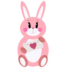 Obraz premium Pink cartoon rabbit isolated on a white background. Cute bunny holds envelope with a red heart.