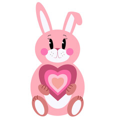 Obraz premium Rose cute rabbit holding big red heart. Isolated pink bunny with heart in paws.