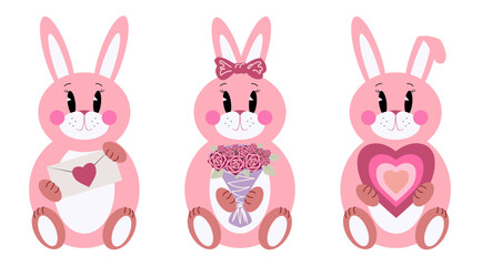 Set of cute pink rabbits isolated on white background. Cartoon bunnies for gift cards.
