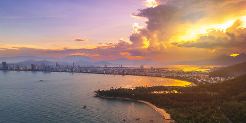 Sunset Panorama Over Da Nang City Bay With Beach And Mountains Vietnam