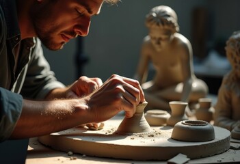 Sculptor Forming Clay into Masterpiece Hands Artful Creation Studio