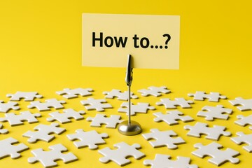 やり方が分からず疑問を抱く場面をパズルと質問カードで表現した問題解決イメージ