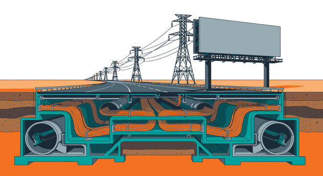 Cross-section illustration of modern urban infrastructure, showing roads, power lines, billboards, and vital underground utility networks.